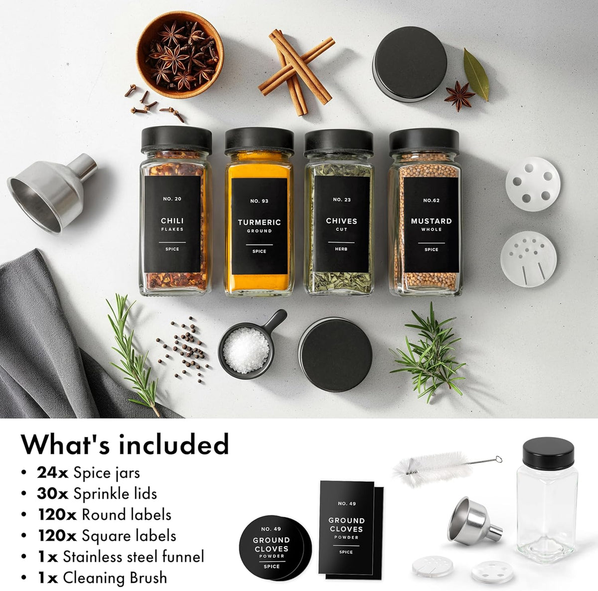 Glass Spice Jars with Label and Black Lids (24 x 4oz) Spice Containers with 240 Labels, Shaker Inserts, Steel Funnel, Empty Square Seasoning Organizer for Spice Rack, Cabinet, Drawer
