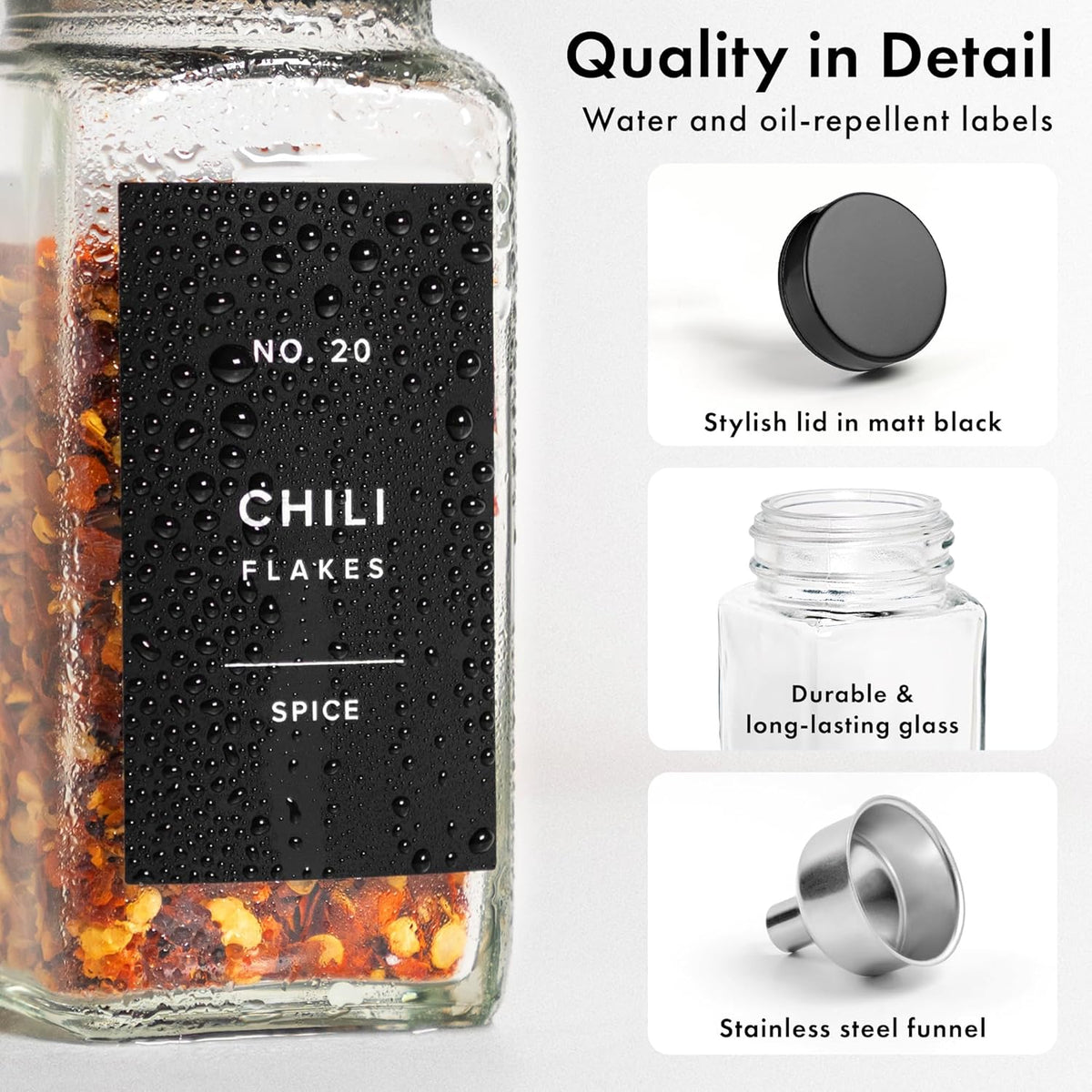 Glass Spice Jars with Label and Black Lids (24 x 4oz) Spice Containers with 240 Labels, Shaker Inserts, Steel Funnel, Empty Square Seasoning Organizer for Spice Rack, Cabinet, Drawer