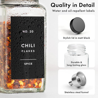 Glass Spice Jars with Label and Black Lids (24 x 4oz) Spice Containers with 240 Labels, Shaker Inserts, Steel Funnel, Empty Square Seasoning Organizer for Spice Rack, Cabinet, Drawer