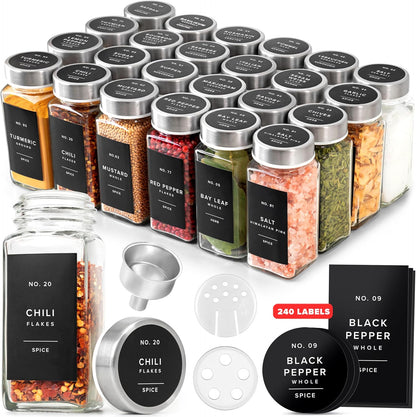 Glass Spice Jars with Label and Black Lids (24 x 4oz) Spice Containers with 240 Labels, Shaker Inserts, Steel Funnel, Empty Square Seasoning Organizer for Spice Rack, Cabinet, Drawer