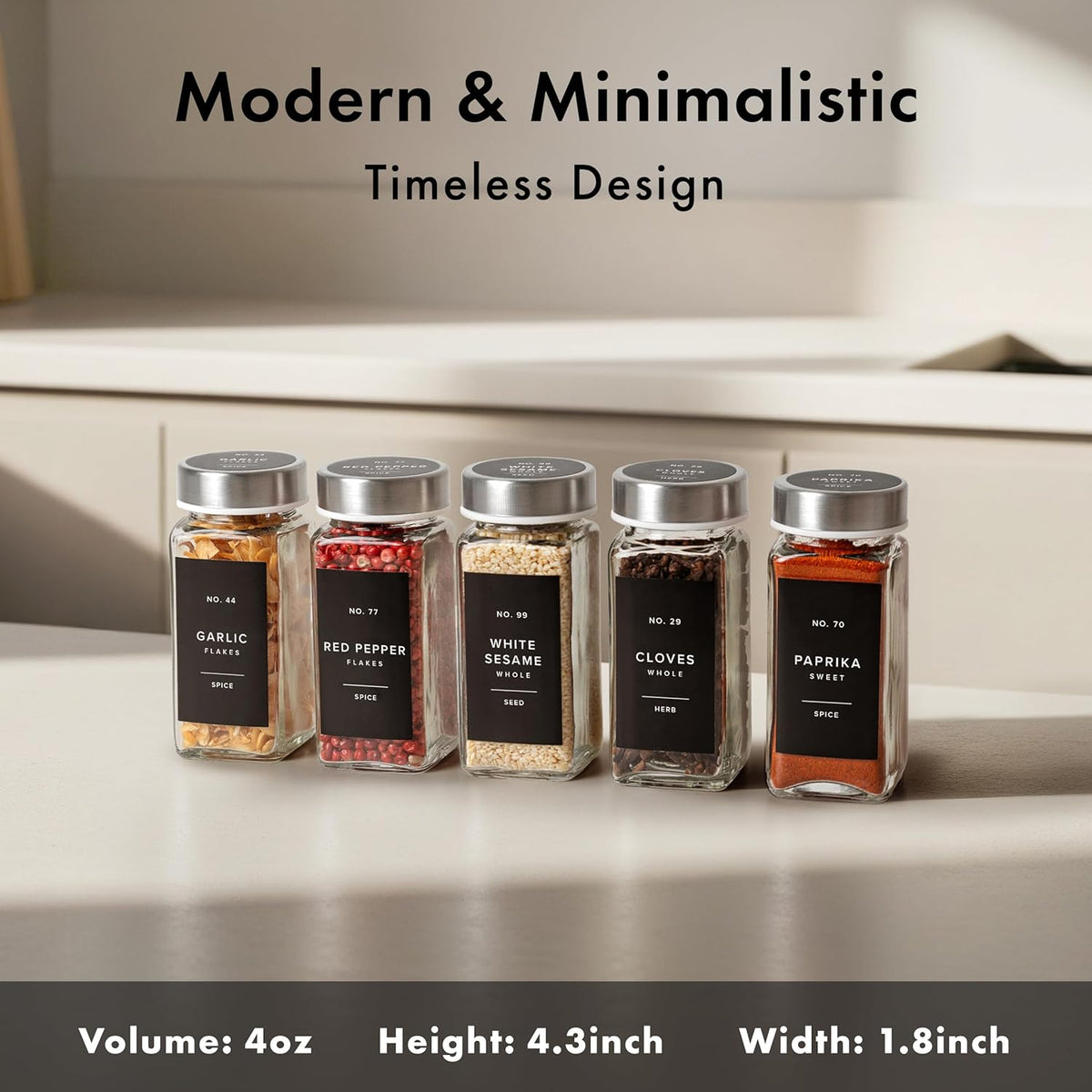 Glass Spice Jars with Label and Black Lids (24 x 4oz) Spice Containers with 240 Labels, Shaker Inserts, Steel Funnel, Empty Square Seasoning Organizer for Spice Rack, Cabinet, Drawer