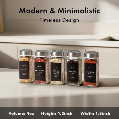 Glass Spice Jars with Label and Black Lids (24 x 4oz) Spice Containers with 240 Labels, Shaker Inserts, Steel Funnel, Empty Square Seasoning Organizer for Spice Rack, Cabinet, Drawer