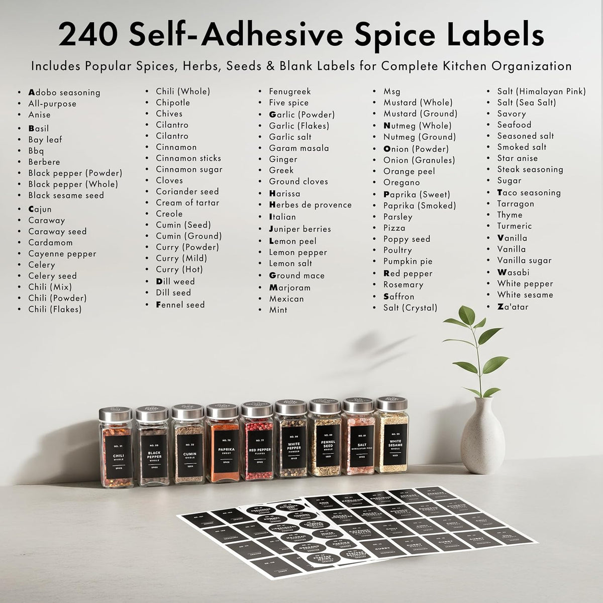Glass Spice Jars with Label and Black Lids (24 x 4oz) Spice Containers with 240 Labels, Shaker Inserts, Steel Funnel, Empty Square Seasoning Organizer for Spice Rack, Cabinet, Drawer