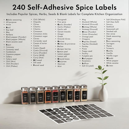 Glass Spice Jars with Label and Black Lids (24 x 4oz) Spice Containers with 240 Labels, Shaker Inserts, Steel Funnel, Empty Square Seasoning Organizer for Spice Rack, Cabinet, Drawer