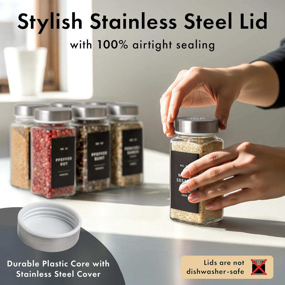 Glass Spice Jars with Label and Black Lids (24 x 4oz) Spice Containers with 240 Labels, Shaker Inserts, Steel Funnel, Empty Square Seasoning Organizer for Spice Rack, Cabinet, Drawer