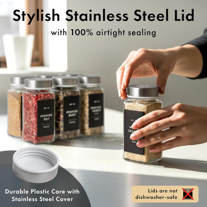Glass Spice Jars with Label and Black Lids (24 x 4oz) Spice Containers with 240 Labels, Shaker Inserts, Steel Funnel, Empty Square Seasoning Organizer for Spice Rack, Cabinet, Drawer