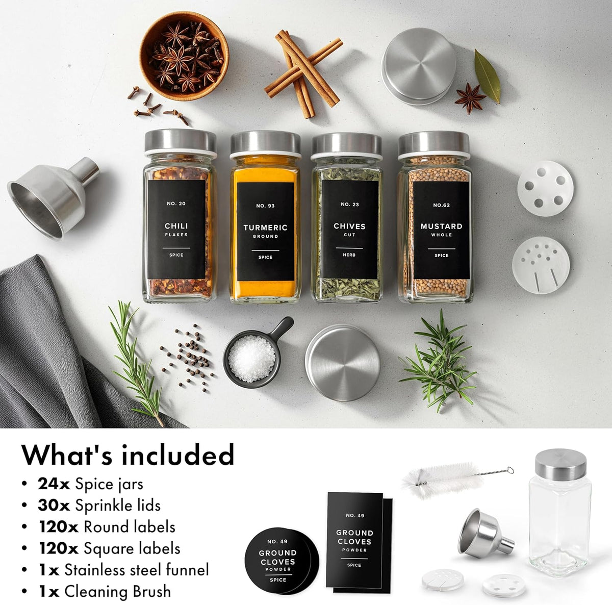 Glass Spice Jars with Label and Black Lids (24 x 4oz) Spice Containers with 240 Labels, Shaker Inserts, Steel Funnel, Empty Square Seasoning Organizer for Spice Rack, Cabinet, Drawer
