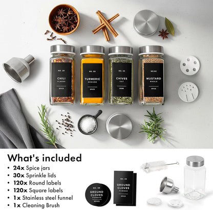 Glass Spice Jars with Label and Black Lids (24 x 4oz) Spice Containers with 240 Labels, Shaker Inserts, Steel Funnel, Empty Square Seasoning Organizer for Spice Rack, Cabinet, Drawer