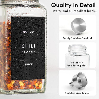 Glass Spice Jars with Label and Black Lids (24 x 4oz) Spice Containers with 240 Labels, Shaker Inserts, Steel Funnel, Empty Square Seasoning Organizer for Spice Rack, Cabinet, Drawer