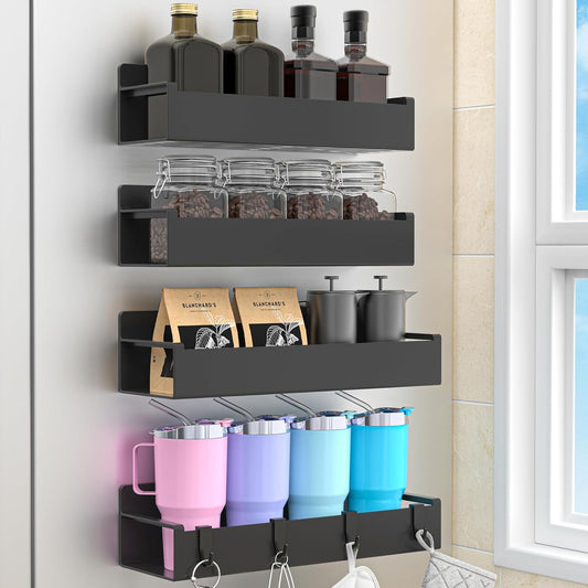 Magnetic Spice Rack Organizer for Refrigerator and Oven, Black Fridge Organizers and Storage for Kitchen | Kitchen Magnetic Shelf for Fridge, Spice Organizer and Storage, Baby Bottle Holder for Fridge, Magnetic Tea Bag Organizer