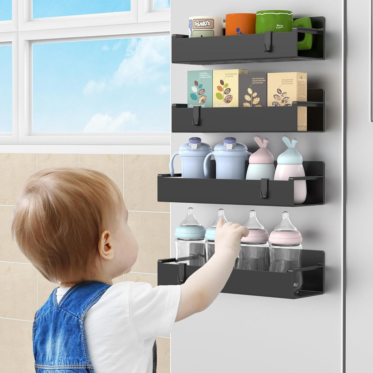Magnetic Spice Rack Organizer for Refrigerator and Oven, Black Fridge Organizers and Storage for Kitchen | Kitchen Magnetic Shelf for Fridge, Spice Organizer and Storage, Baby Bottle Holder for Fridge, Magnetic Tea Bag Organizer
