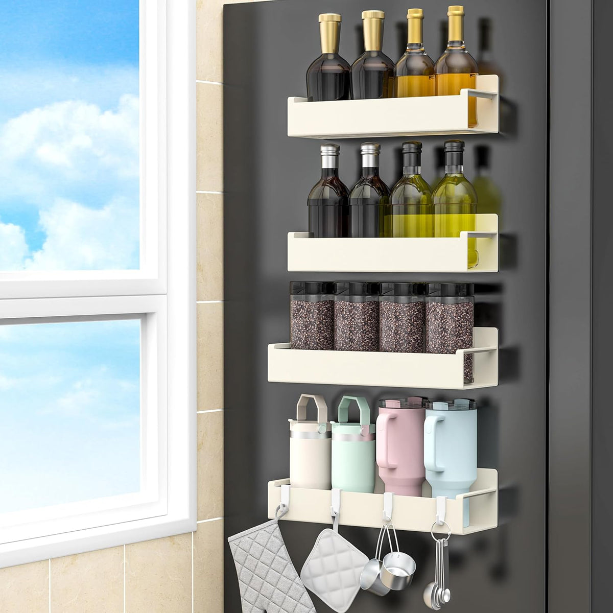 Magnetic Spice Rack Organizer for Refrigerator and Oven, Black Fridge Organizers and Storage for Kitchen | Kitchen Magnetic Shelf for Fridge, Spice Organizer and Storage, Baby Bottle Holder for Fridge, Magnetic Tea Bag Organizer