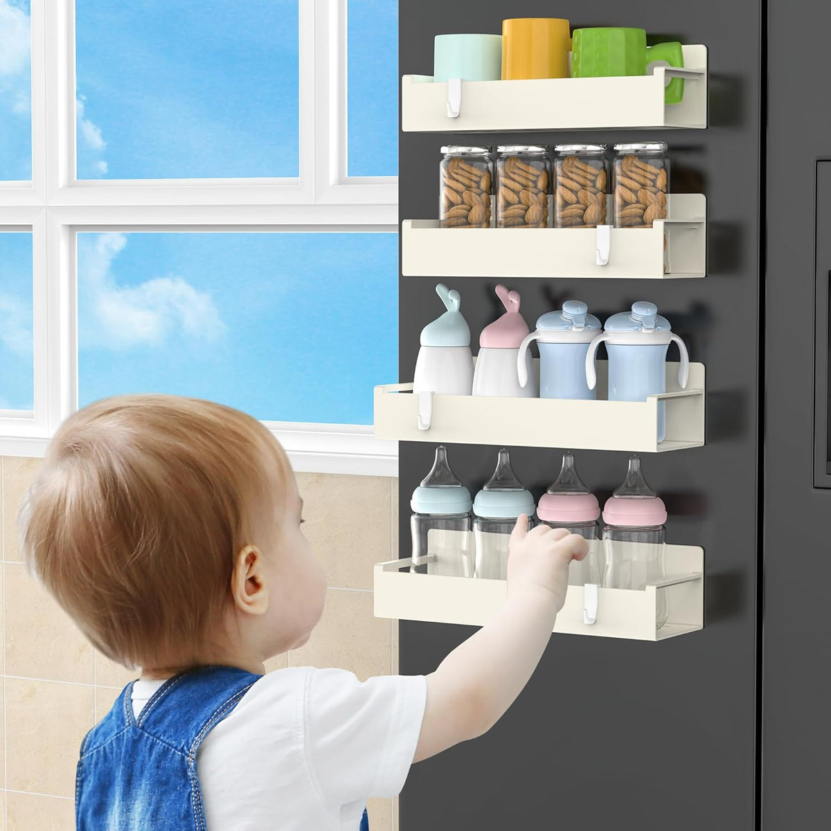 Magnetic Spice Rack Organizer for Refrigerator and Oven, Black Fridge Organizers and Storage for Kitchen | Kitchen Magnetic Shelf for Fridge, Spice Organizer and Storage, Baby Bottle Holder for Fridge, Magnetic Tea Bag Organizer