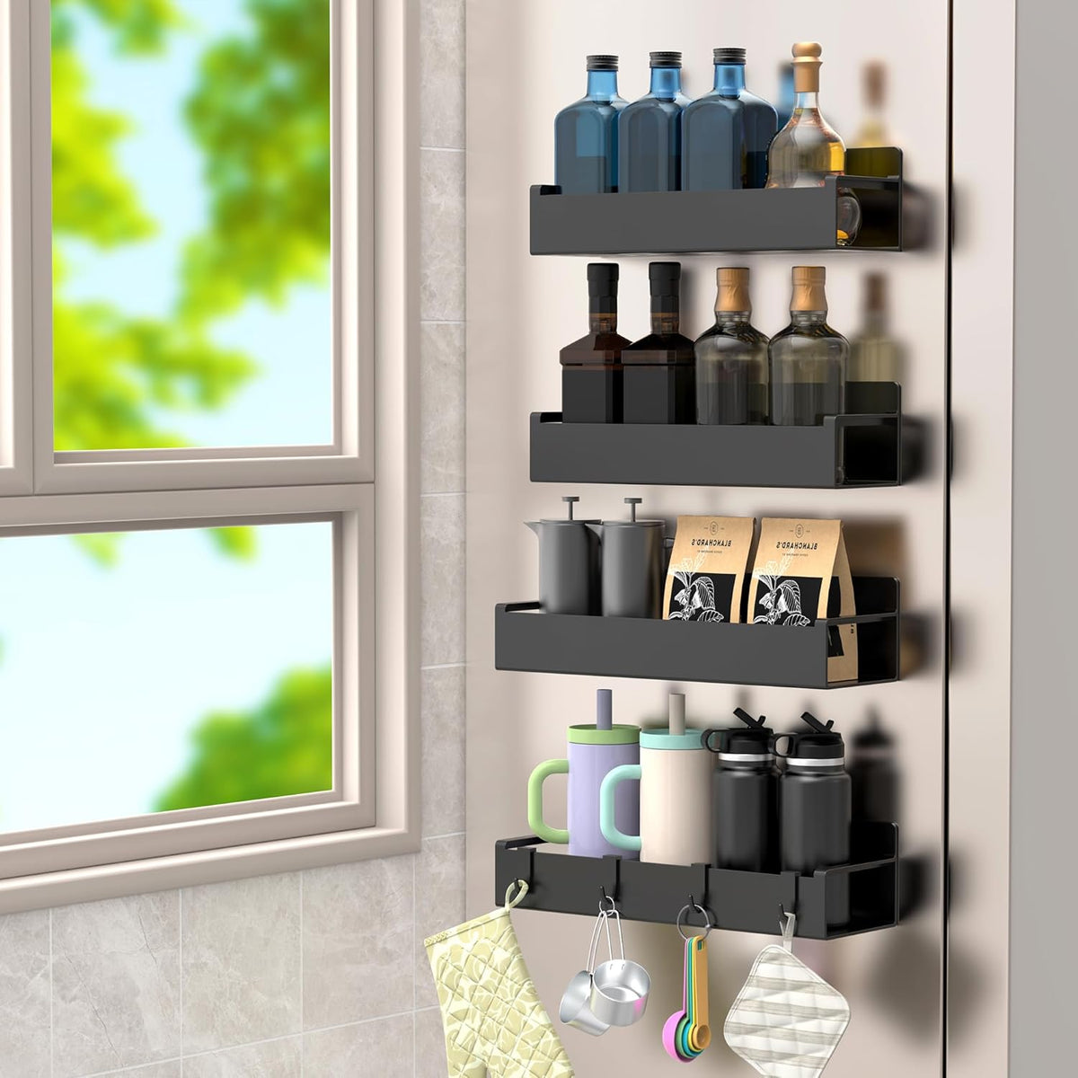 Magnetic Spice Rack Organizer for Refrigerator and Oven, Black Fridge Organizers and Storage for Kitchen | Kitchen Magnetic Shelf for Fridge, Spice Organizer and Storage, Baby Bottle Holder for Fridge, Magnetic Tea Bag Organizer
