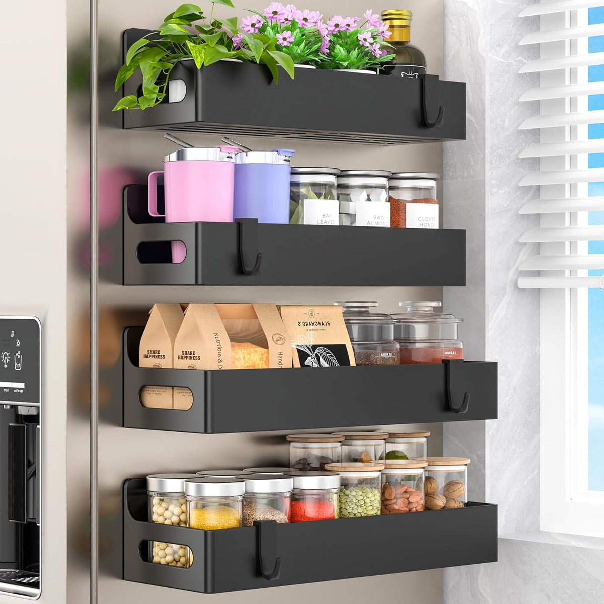Magnetic Spice Rack Organizer for Refrigerator and Oven, Black Fridge Organizers and Storage for Kitchen | Kitchen Magnetic Shelf for Fridge, Spice Organizer and Storage, Baby Bottle Holder for Fridge, Magnetic Tea Bag Organizer