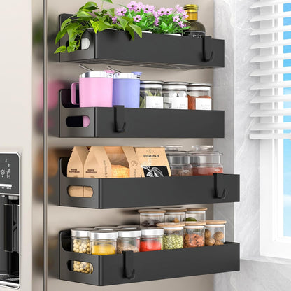 Magnetic Spice Rack Organizer for Refrigerator and Oven, Black Fridge Organizers and Storage for Kitchen | Kitchen Magnetic Shelf for Fridge, Spice Organizer and Storage, Baby Bottle Holder for Fridge, Magnetic Tea Bag Organizer