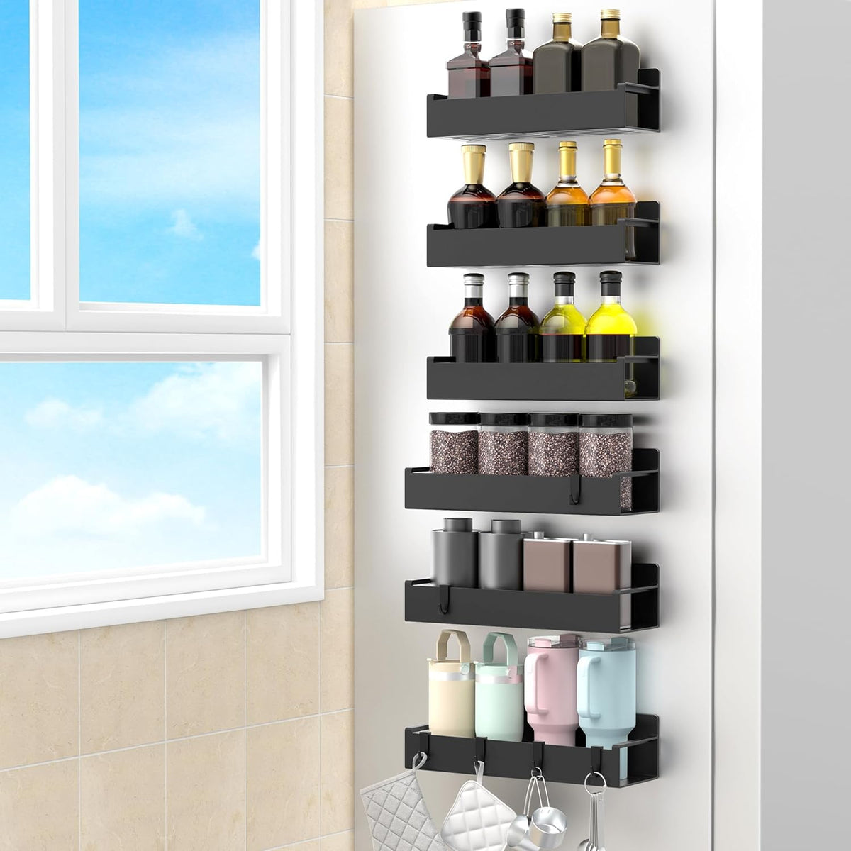 Magnetic Spice Rack Organizer for Refrigerator and Oven, Black Fridge Organizers and Storage for Kitchen | Kitchen Magnetic Shelf for Fridge, Spice Organizer and Storage, Baby Bottle Holder for Fridge, Magnetic Tea Bag Organizer