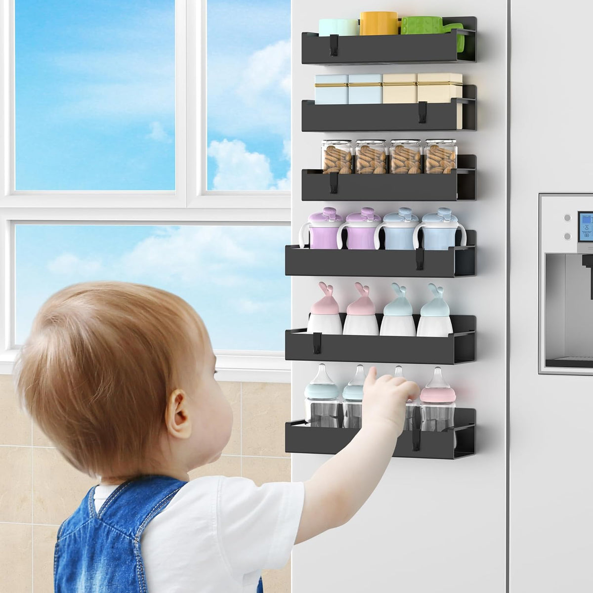 Magnetic Spice Rack Organizer for Refrigerator and Oven, Black Fridge Organizers and Storage for Kitchen | Kitchen Magnetic Shelf for Fridge, Spice Organizer and Storage, Baby Bottle Holder for Fridge, Magnetic Tea Bag Organizer