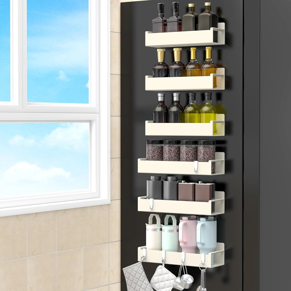 Magnetic Spice Rack Organizer for Refrigerator and Oven, Black Fridge Organizers and Storage for Kitchen | Kitchen Magnetic Shelf for Fridge, Spice Organizer and Storage, Baby Bottle Holder for Fridge, Magnetic Tea Bag Organizer