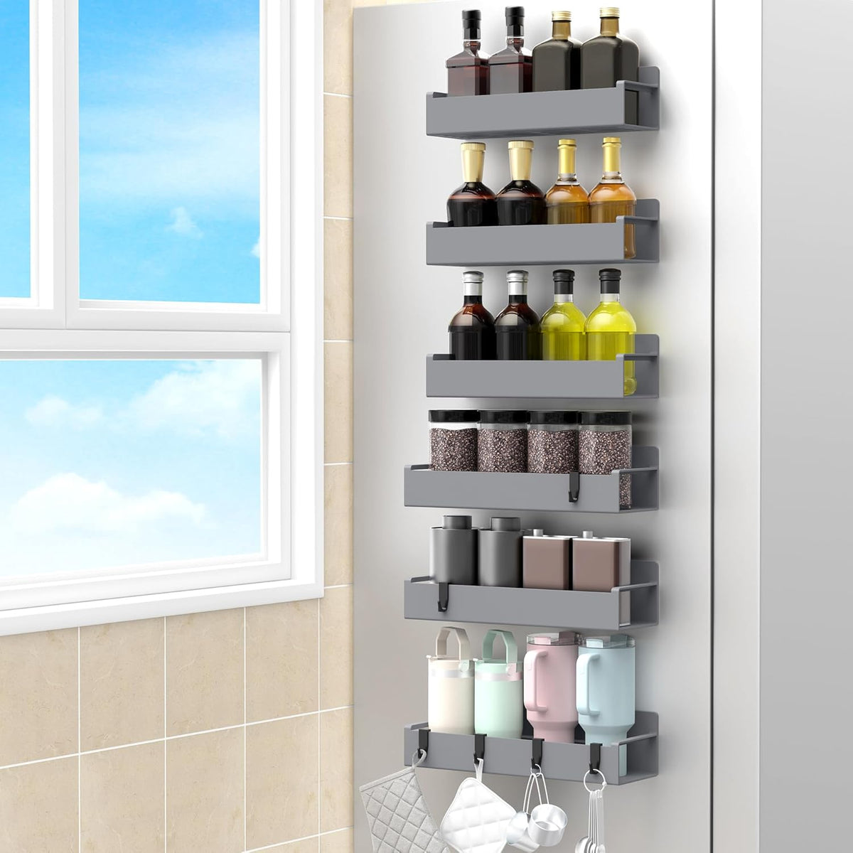 Magnetic Spice Rack Organizer for Refrigerator and Oven, Black Fridge Organizers and Storage for Kitchen | Kitchen Magnetic Shelf for Fridge, Spice Organizer and Storage, Baby Bottle Holder for Fridge, Magnetic Tea Bag Organizer