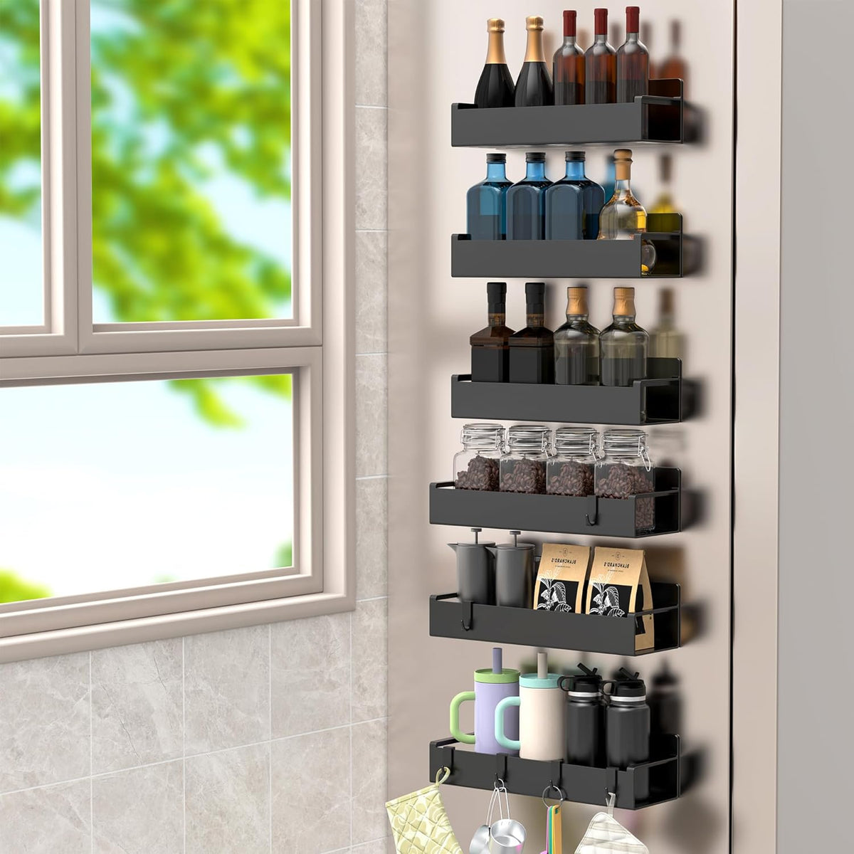 Magnetic Spice Rack Organizer for Refrigerator and Oven, Black Fridge Organizers and Storage for Kitchen | Kitchen Magnetic Shelf for Fridge, Spice Organizer and Storage, Baby Bottle Holder for Fridge, Magnetic Tea Bag Organizer
