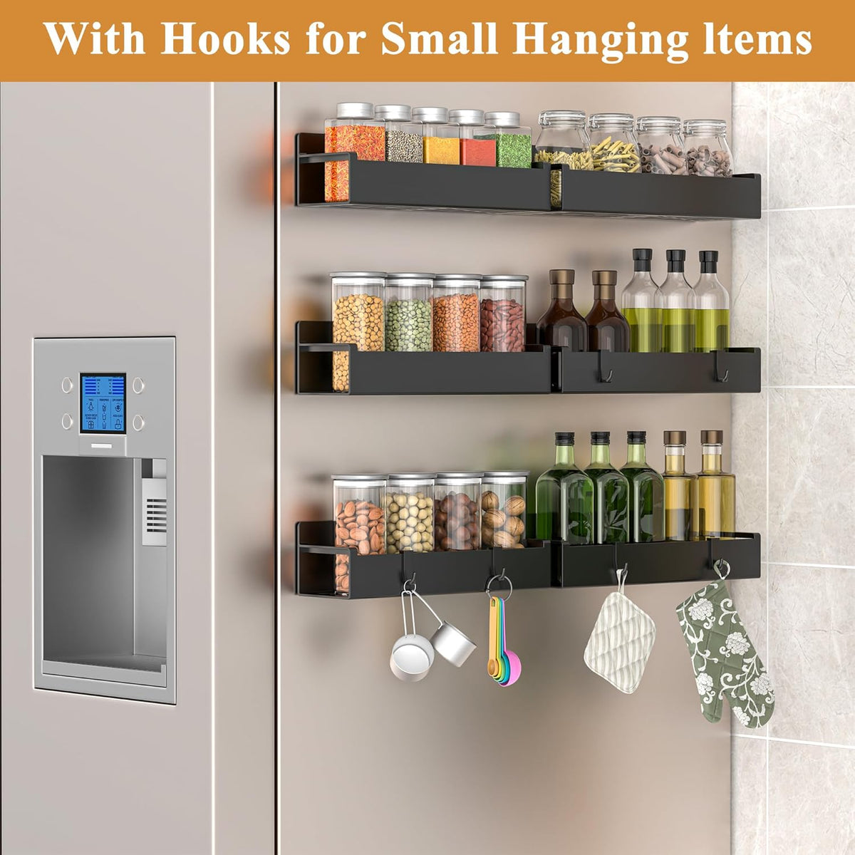Magnetic Spice Rack Organizer for Refrigerator and Oven, Black Fridge Organizers and Storage for Kitchen | Kitchen Magnetic Shelf for Fridge, Spice Organizer and Storage, Baby Bottle Holder for Fridge, Magnetic Tea Bag Organizer