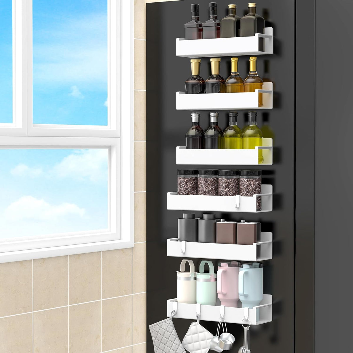 Magnetic Spice Rack Organizer for Refrigerator and Oven, Black Fridge Organizers and Storage for Kitchen | Kitchen Magnetic Shelf for Fridge, Spice Organizer and Storage, Baby Bottle Holder for Fridge, Magnetic Tea Bag Organizer