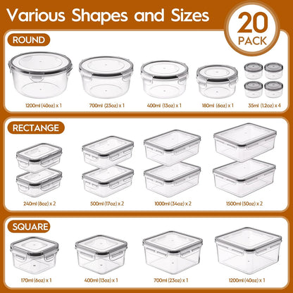 KEMETHY Large Food Storage Containers with Airtight Lids, BPA-free | 20 Containers & 20 Lids, Leak Proof, Meal Prep, Kitchen Storage, PVC-free Plastic, Microwave/Dishwasher Safe, Labels & Pen