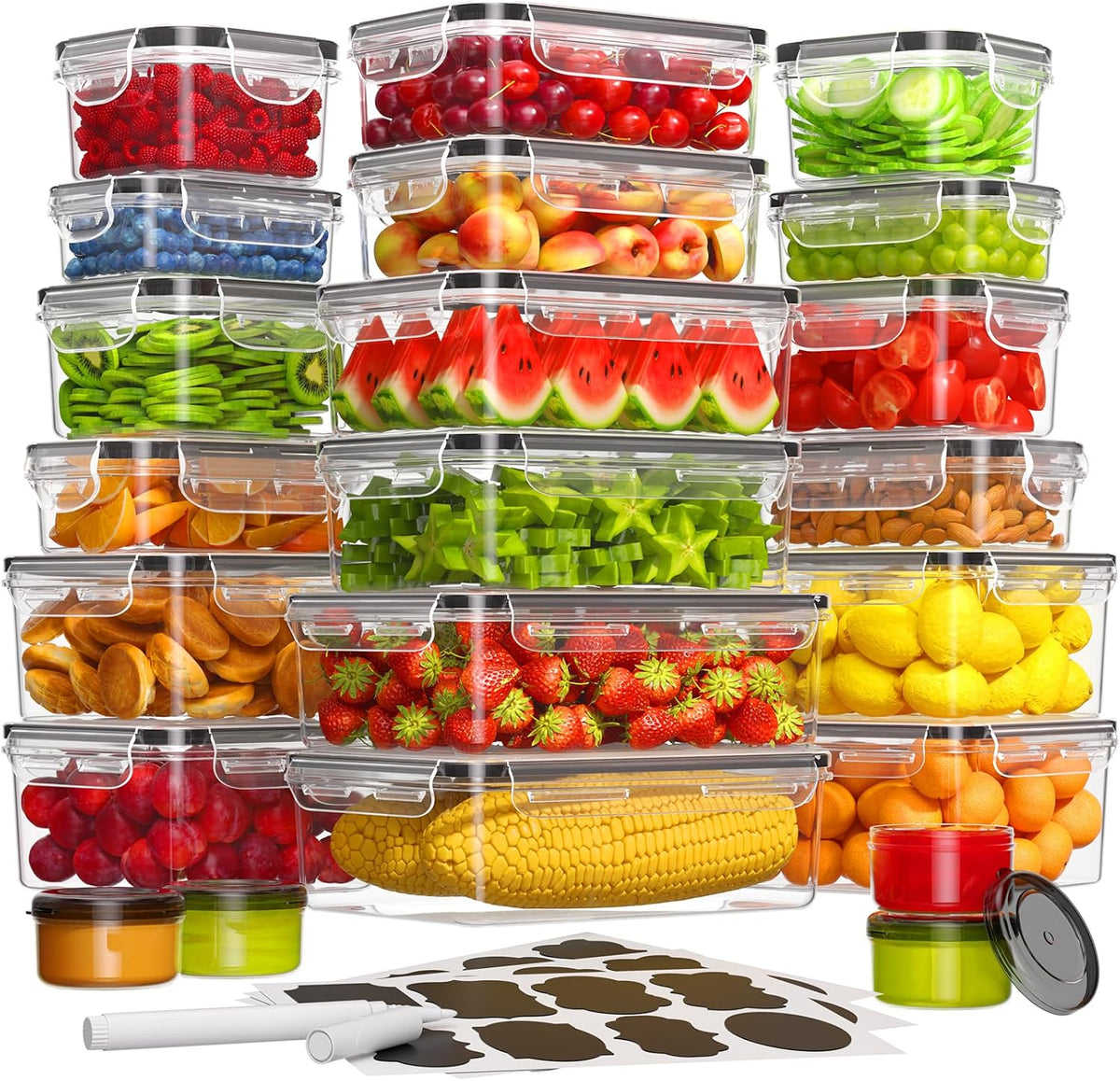 KEMETHY Large Food Storage Containers with Airtight Lids, BPA-free | 20 Containers & 20 Lids, Leak Proof, Meal Prep, Kitchen Storage, PVC-free Plastic, Microwave/Dishwasher Safe, Labels & Pen