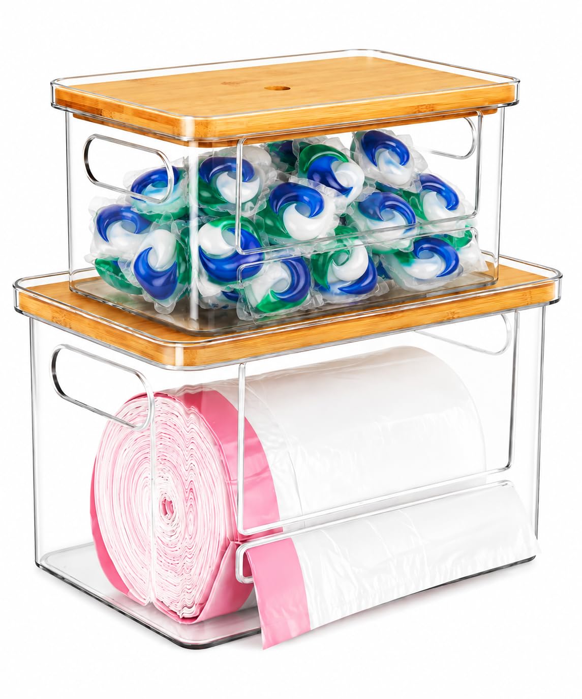 Stackable Trash Bag Dispenser with Wooden Top for Holding 13/30/33-Gallon Large Bag Sizes – Extra-Large Garbage Bag Holder with Anti-Slip Base, Trash Bag Dispenser Under Sink (11.5"x7.5"x7")