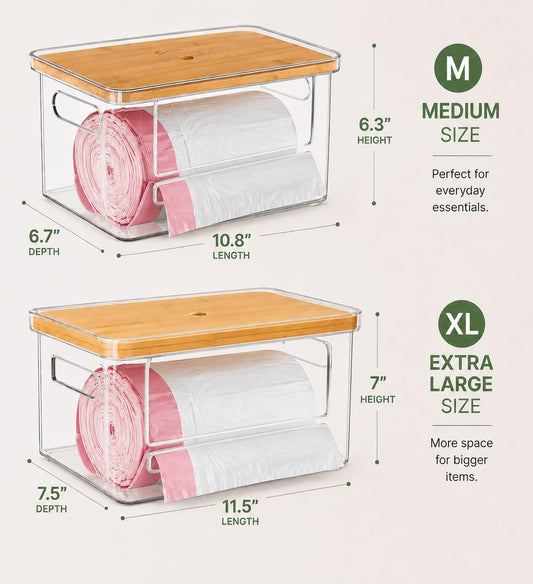 Stackable Trash Bag Dispenser with Wooden Top for Holding 13/30/33-Gallon Large Bag Sizes – Extra-Large Garbage Bag Holder with Anti-Slip Base, Trash Bag Dispenser Under Sink (11.5"x7.5"x7")