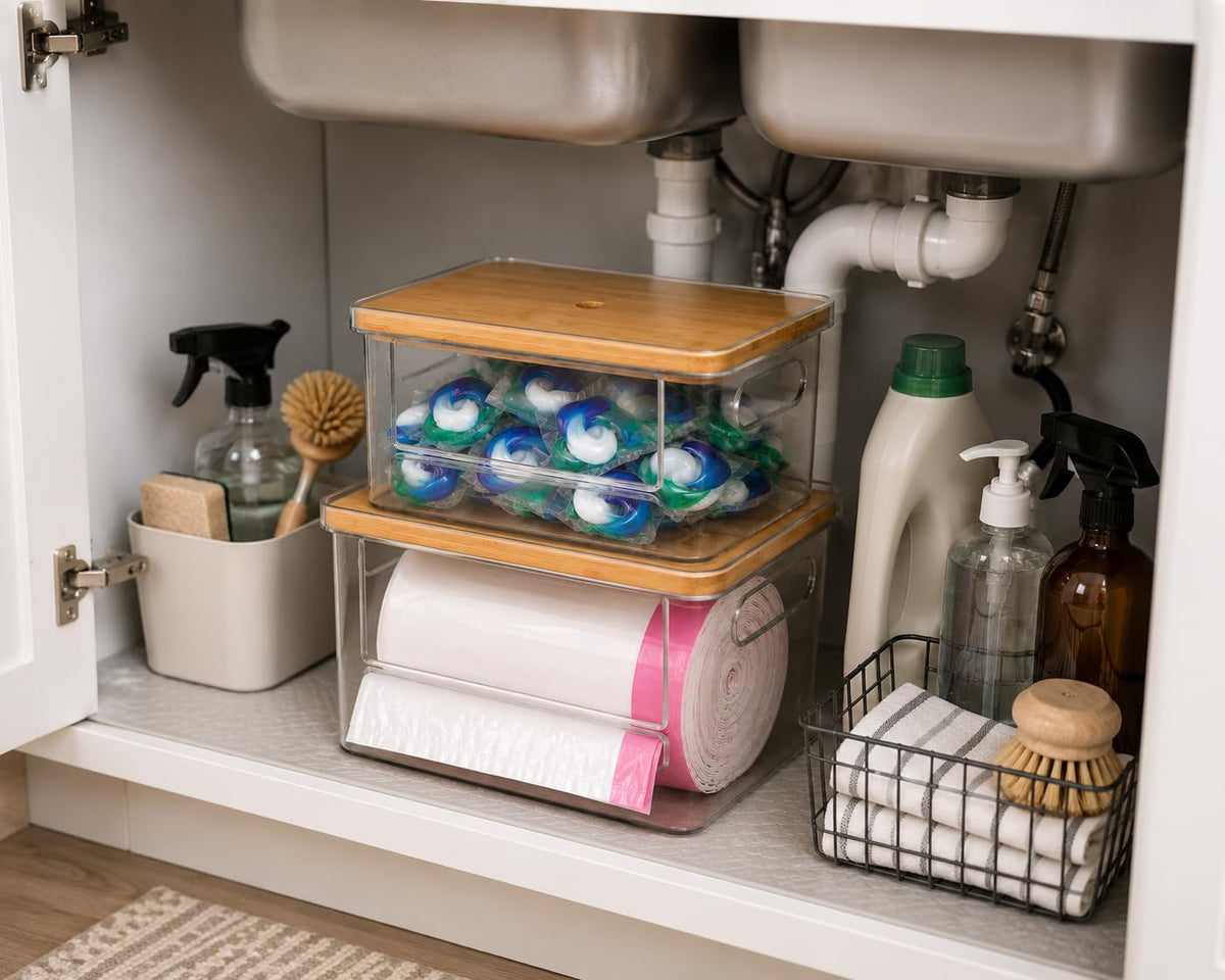 Stackable Trash Bag Dispenser with Wooden Top for Holding 13/30/33-Gallon Large Bag Sizes – Extra-Large Garbage Bag Holder with Anti-Slip Base, Trash Bag Dispenser Under Sink (11.5"x7.5"x7")