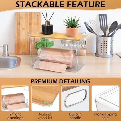 Stackable Trash Bag Dispenser with Wooden Top for Holding 13/30/33-Gallon Large Bag Sizes – Extra-Large Garbage Bag Holder with Anti-Slip Base, Trash Bag Dispenser Under Sink (11.5"x7.5"x7")