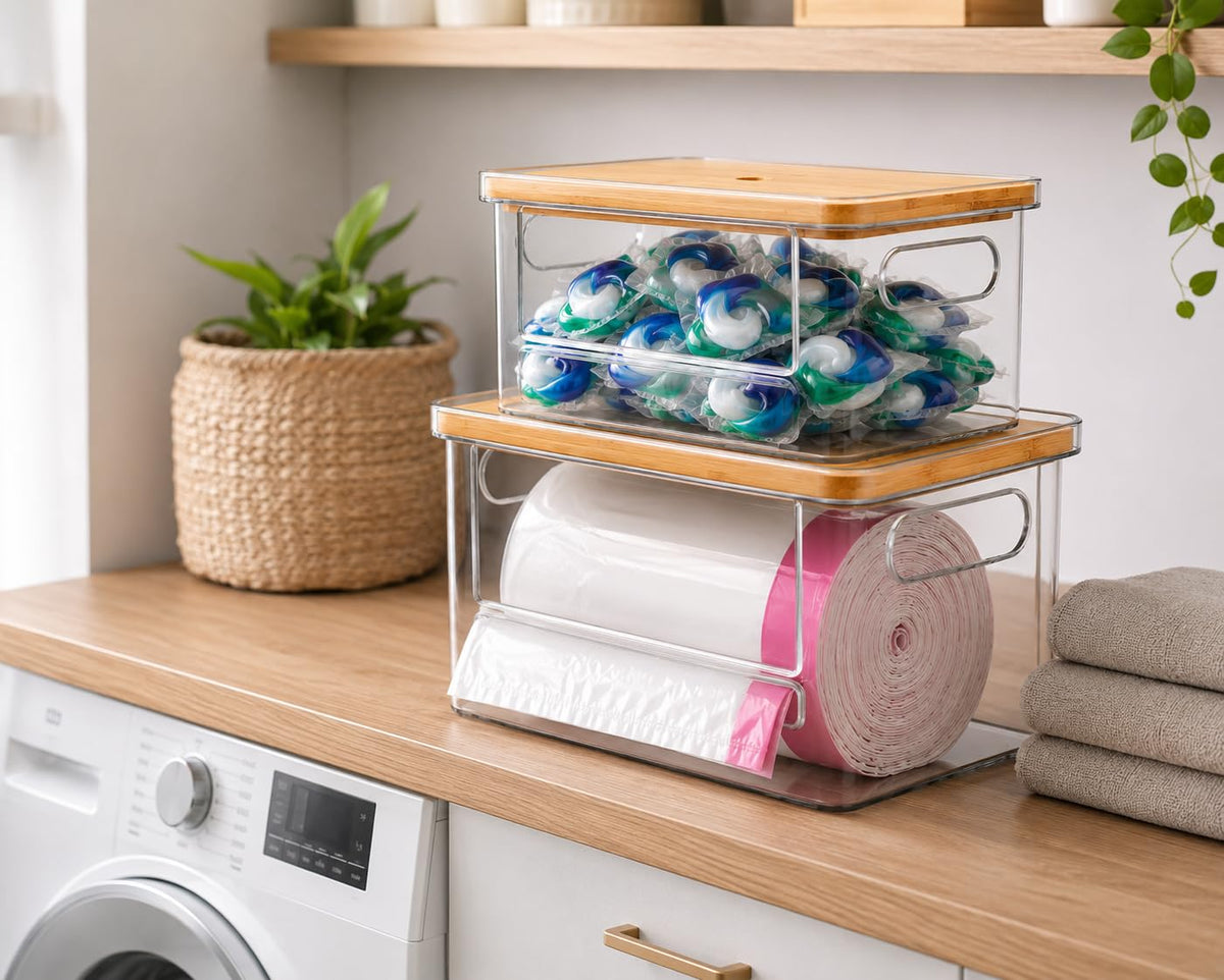 Stackable Trash Bag Dispenser with Wooden Top for Holding 13/30/33-Gallon Large Bag Sizes – Extra-Large Garbage Bag Holder with Anti-Slip Base, Trash Bag Dispenser Under Sink (11.5"x7.5"x7")