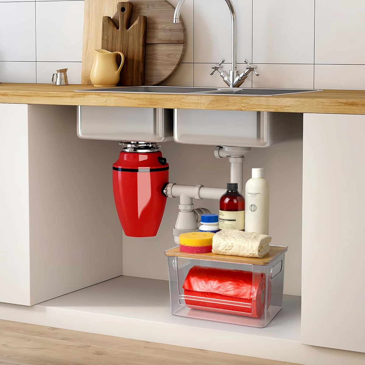 Stackable Trash Bag Dispenser with Wooden Top for Holding 13/30/33-Gallon Large Bag Sizes – Extra-Large Garbage Bag Holder with Anti-Slip Base, Trash Bag Dispenser Under Sink (11.5"x7.5"x7")