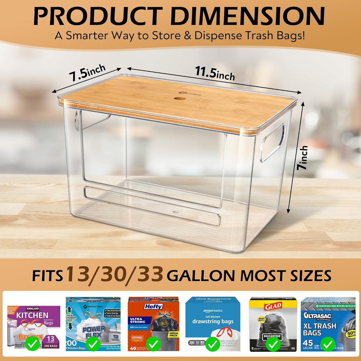 Stackable Trash Bag Dispenser with Wooden Top for Holding 13/30/33-Gallon Large Bag Sizes – Extra-Large Garbage Bag Holder with Anti-Slip Base, Trash Bag Dispenser Under Sink (11.5"x7.5"x7")