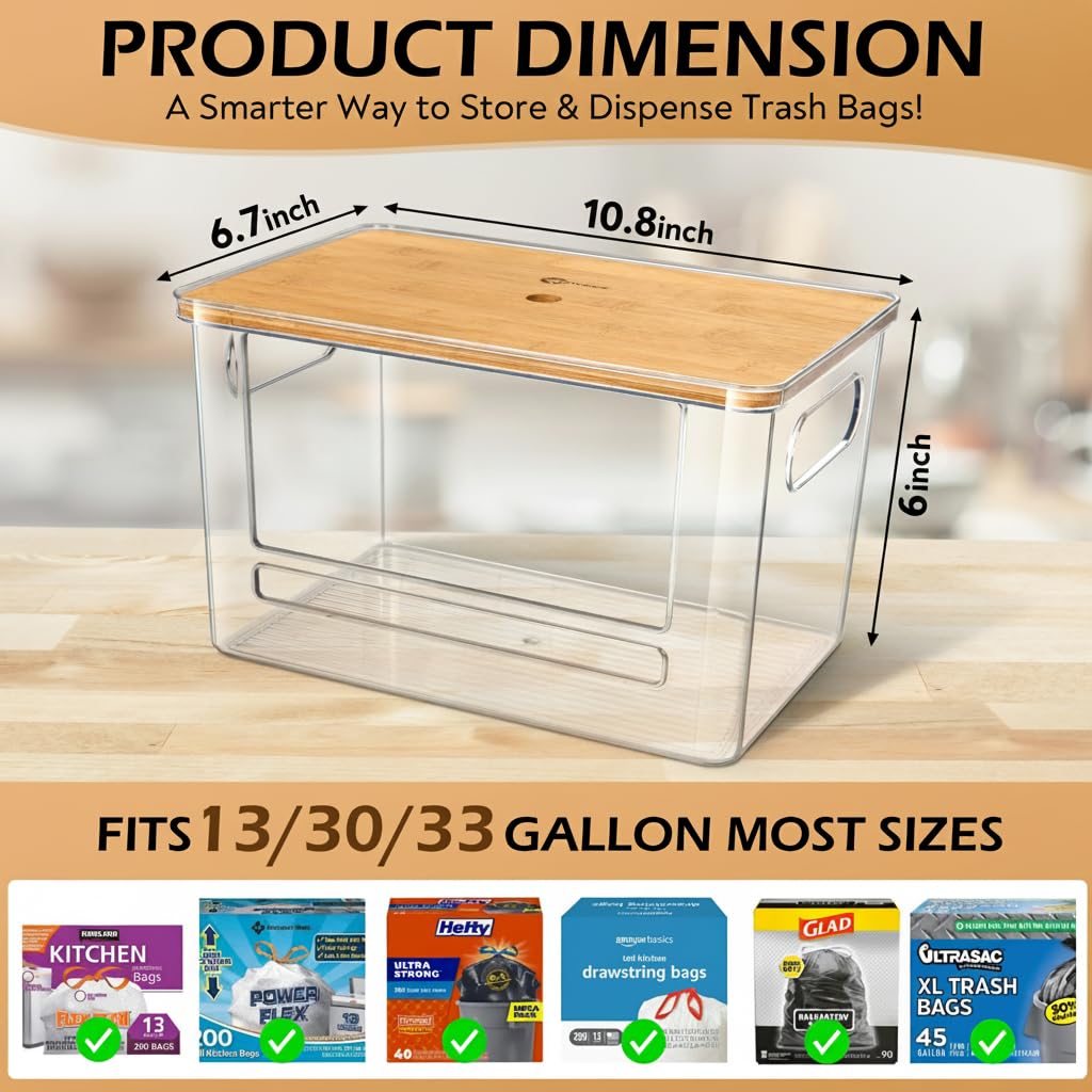Stackable Trash Bag Dispenser with Wooden Top for Holding 13/30/33-Gallon Large Bag Sizes – Extra-Large Garbage Bag Holder with Anti-Slip Base, Trash Bag Dispenser Under Sink (11.5"x7.5"x7")