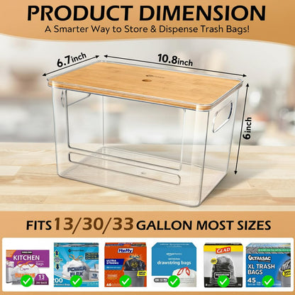 Stackable Trash Bag Dispenser with Wooden Top for Holding 13/30/33-Gallon Large Bag Sizes – Extra-Large Garbage Bag Holder with Anti-Slip Base, Trash Bag Dispenser Under Sink (11.5"x7.5"x7")