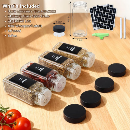 24Pcs Spice Jars Containers with Labels，4oz Black Seasoning Bottles with Shaker Lids for Rack, Cabinet, Drawer,Empty Square Condiment Pots (24, Black)
