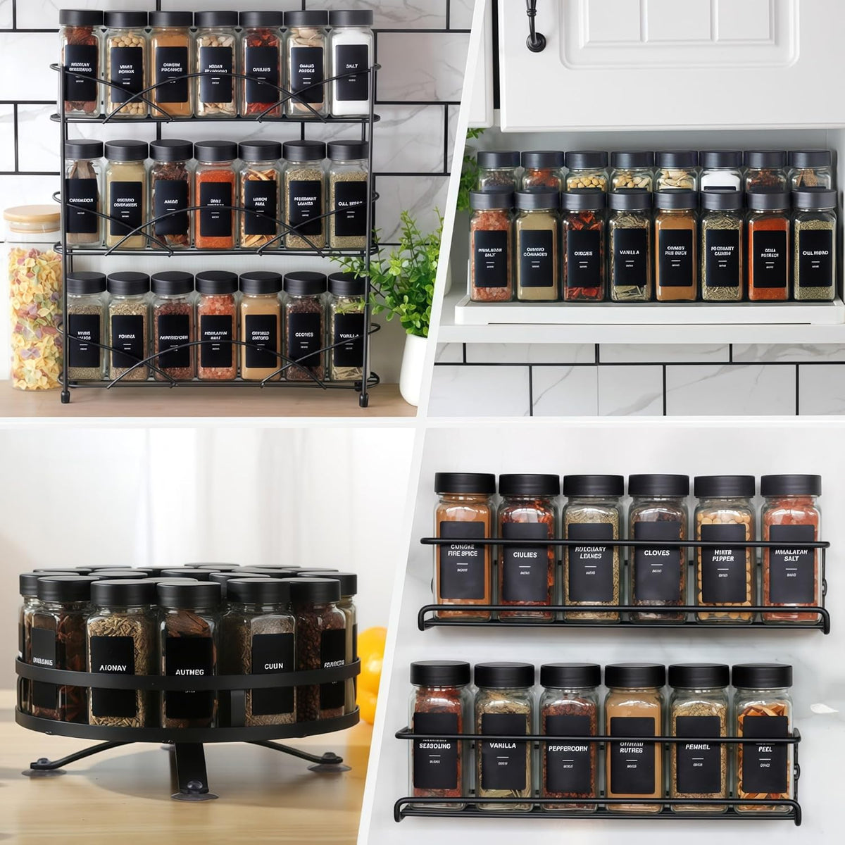 24Pcs Spice Jars Containers with Labels，4oz Black Seasoning Bottles with Shaker Lids for Rack, Cabinet, Drawer,Empty Square Condiment Pots (24, Black)
