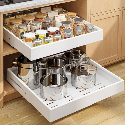 Pull Out Cabinet Organizer - 2 Pack(12.6"-21" D x 12"-20.4" W) Expandable Sliding Cabinet Shelves, Smooth Glide Drawer Organizer, Kitchen & Pantry Storage, Framed & Frameless Cabinets