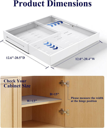 Pull Out Cabinet Organizer - 2 Pack(12.6"-21" D x 12"-20.4" W) Expandable Sliding Cabinet Shelves, Smooth Glide Drawer Organizer, Kitchen & Pantry Storage, Framed & Frameless Cabinets