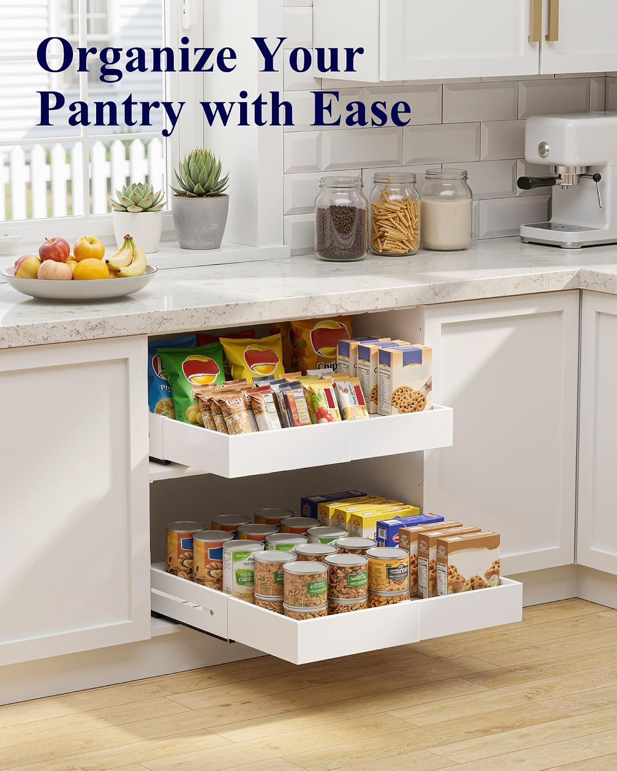 Pull Out Cabinet Organizer - 2 Pack(12.6"-21" D x 12"-20.4" W) Expandable Sliding Cabinet Shelves, Smooth Glide Drawer Organizer, Kitchen & Pantry Storage, Framed & Frameless Cabinets