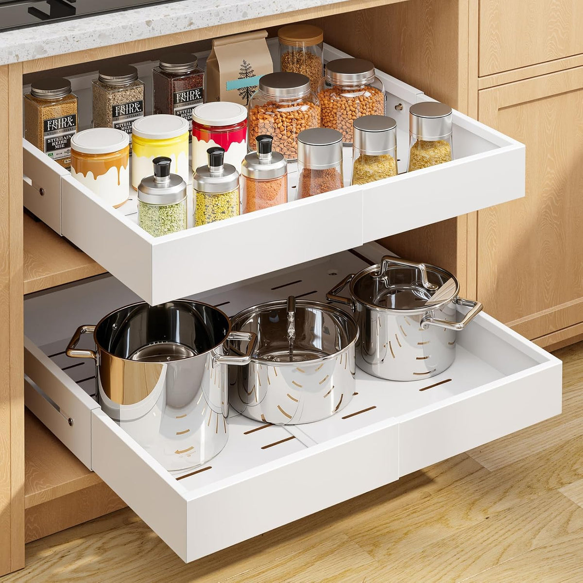 Pull Out Cabinet Organizer - 2 Pack(12.6"-21" D x 12"-20.4" W) Expandable Sliding Cabinet Shelves, Smooth Glide Drawer Organizer, Kitchen & Pantry Storage, Framed & Frameless Cabinets