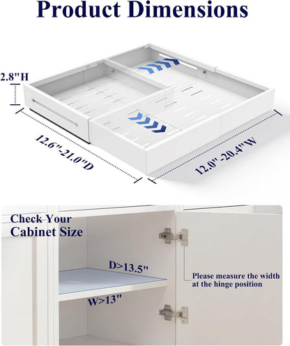 Pull Out Cabinet Organizer - 2 Pack(12.6"-21" D x 12"-20.4" W) Expandable Sliding Cabinet Shelves, Smooth Glide Drawer Organizer, Kitchen & Pantry Storage, Framed & Frameless Cabinets