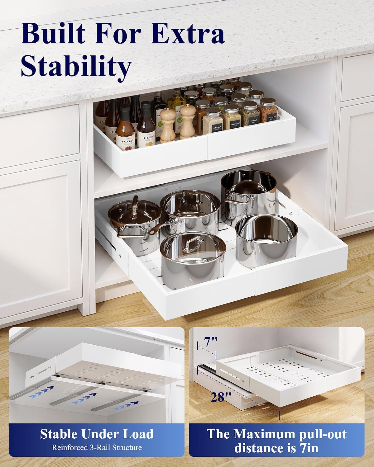 Pull Out Cabinet Organizer - 2 Pack(12.6"-21" D x 12"-20.4" W) Expandable Sliding Cabinet Shelves, Smooth Glide Drawer Organizer, Kitchen & Pantry Storage, Framed & Frameless Cabinets