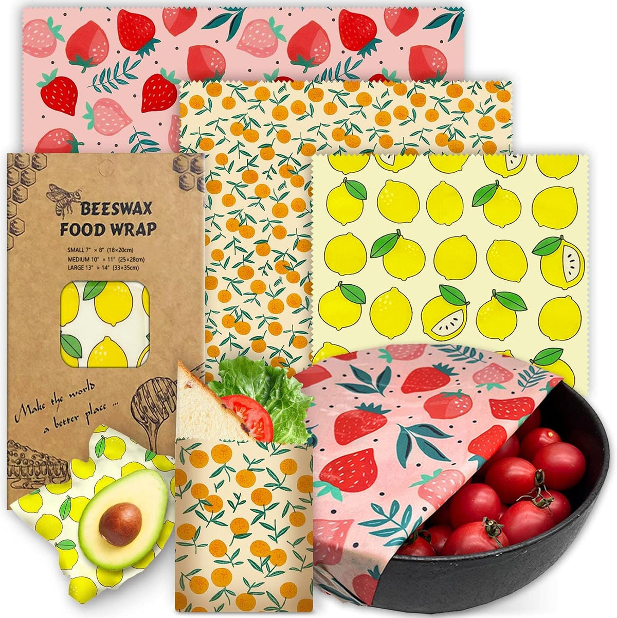 Beeswax Wrap - 3 Pack, Beeswax Wraps For Food, Organic, Sustainable, Biodegradable, Zero Waste, Reusable Beeswax Food Wrap, 1L Strawberry, 1M Orange, 1S Lemon Patterns