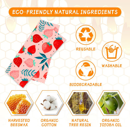 Beeswax Wrap - 3 Pack, Beeswax Wraps For Food, Organic, Sustainable, Biodegradable, Zero Waste, Reusable Beeswax Food Wrap, 1L Strawberry, 1M Orange, 1S Lemon Patterns