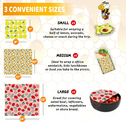 Beeswax Wrap - 3 Pack, Beeswax Wraps For Food, Organic, Sustainable, Biodegradable, Zero Waste, Reusable Beeswax Food Wrap, 1L Strawberry, 1M Orange, 1S Lemon Patterns