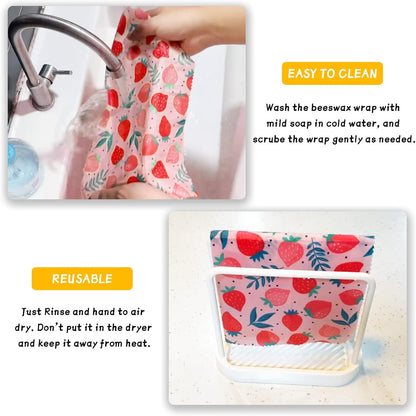 Beeswax Wrap - 3 Pack, Beeswax Wraps For Food, Organic, Sustainable, Biodegradable, Zero Waste, Reusable Beeswax Food Wrap, 1L Strawberry, 1M Orange, 1S Lemon Patterns